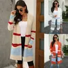 Winter Women Sweater Splice Color-blocking Knitted Female V-neck Pocket Cardigan for Womens Slim Fit Long Mujer 210604