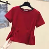 WWENN T Gömlek Kadın Kısa Kollu Üst Beyaz Yaz Pamuk T-shirt Fırfır Tee Femme Mavi Kırmızı 210507