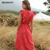 Yaz Kadın Moda Nokta Baskı Elbise Rahat Kelebek Kol Ruffles Orta Uzun Şifon Boho 210520