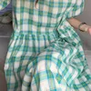 Korea Chic Moda Casual Green Plaid Robe Kwadratowy Kołnierz Luźny Rękaw Puff All-Dopasuj Midi Sukienka Kobiety Lato 16W1444 210510