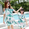 Family Matching Outfits Fashion Off Shoulder Tassel Mother Daughter Dresses Green Leaf Print Mama Mom and Sundress 210724