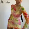 Missakso Floral Print See Through Mesh Dress Streetwear Club Y2K Spring Summer Sexy Bodycon Long Sleeve Mini Dresses 210625