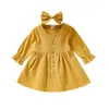 Kinderkleding meisjes effen kleur jurk kinderen katoen linnen prinses jurken met haarspeld lente herfst mode boutique babykleding