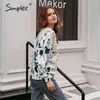 chic V-neck ladies sweatshirt Colorful printed knitted streetwear Basic long sleeve autumn women pullover 210414