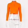 Spring Women T shirts Fashion Neon Cropped Tops Solid Sexy Fitness Rib-Knit Zipper Tee Turtleneck Long Sleeve Shirt Blusas 210625