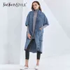 Denim Płaszcz dla kobiet V Neck Trzy czwarte kieszenie linia Streetwear Blue Płaszcze Kobiet Jesień Moda Odzież 210524