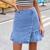 Mulheres Irregular babados Mini Saia Denim Verão Casual Cintura Alta Zíper Botão Feminino Feminino Partido Streetwear Saias Denim 210416