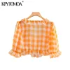 Women Sweet Fashion Ruffled Plaid Cropped Blouses Square Collar Short Sleeve Female Shirts Chic Tops 210420