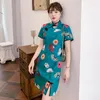 Plus size 3xl 4xl verde elegante moderno cheongsam vestido para mulheres verão manga curta qipao roupas chinesas tradicionais étnica