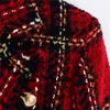 トゥイード赤の格子縞の女性のジャケットブレザービンテージジャケット女性のパッチワークラペルブレザーコートシックな服装服210430