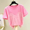 Tshirts Women Fashion Sequin Short Sleeve T-shirt Women's Tops Two-Piece O Neck Orange Sling Casual 61i 210420