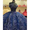 Роскошные бисером темно-синие платья Quinceanera с кружевной аппликацией с открытыми плечами Sweet 16 Dress vestido de 15 anos Бальные платья для выпускного вечера