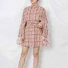 Plaid Patchwork Tassel Jacket For Women Turtleneck Long Sleeve High Waist With Sashes Pink Casual Coat Female 210524