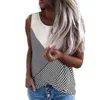 Ladies Casual Tops O Neck Contrast Color Stripe Print Patchwork Sleeveless T Shirt Women Loose Plus Size Streetwear Tee Shirts 210603