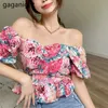 Women Floral Print Chiffon Blouse Summer Ladies V Neck Bandage Lace-up Backless Blouses Open Back Sexy Crop Tops 210601