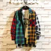 Personality patchwork red plaid shirt men's street casual hip hop long-sleeved men loose shirts big size M-5XL