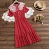 Mori Girl Summer Women Sundress Red White Polka Dot Mouwloze ruches jurk vintage elegante chiffon zoete dame geplooide jurken 210331
