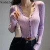 WomengagaフレンチのフリルガールVネックバックル痩身長袖ニットカーディガンボトリングトップトップTシャツ編み物女性V0W1 210603
