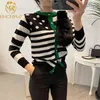 Chic French Spring Fragrant Striped Round Neck Contrast Color Sweater Women Gold Single Breasted Cardigan Dot Casual 210506