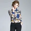Moda Denim Patchwork Şık Gömlek Kadınlar Down Yaka Ofis Cep Bluz Kadın Uzun Kollu Desen Baskılı Blusas 210416 Tops
