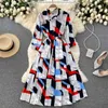 DEAT Spring Summer Fashion Casual Long Sleeve Print Color Matching Printing Slim Mid Length Dress Women SK706 210709