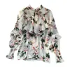 Lente herfst ruche chiffon blouse vrouwen stand kraag bloem gedrukt tops Koreaanse dames lange mouw vintage blusas mujer 210525