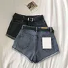 Hemming Denim Mini Shorts Kvinnor Sommar Enkel Mångsidig Hög Midja Brett Ben Jeans Med Bälte Femme 210719