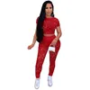 Femmes Sports Survêtements Deux Pièces Pantalons Ensemble Designer Trou Tenues Couleur Unie À Manches Courtes Hauts Pulls Dames Plus Taille Casual Jogging