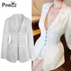 designer slim high waist sexy black white blazers women tops long sleeve elegant office Plastic waistlady jacket belt 210421