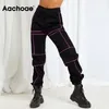 Aachoae Moda Shine Paski Spodnie Cargo Kobiety Sportowe Długie Spodnie Lady Zipper Fly Casual Spodnie dresowe Mujer Pantalones 210413