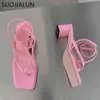 Dress Shoes SUOJIALUN Summer New Pink Women Sandal Fashion Narrow Band Ankle Strap Ladies Gladiator Square High Heel 220303