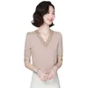 Office Lady Solid V-neck Blouse Women Summer Embroidery Short Sleeve Casual Silk Satin Shirts Plus Size Loose Tops Clothes 13460 210528