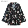 Bohemian Women Black Flower Print Kimono Shirt Holiday Beach Tide Bow Swashes Mid Long Cardigan Chiffon Blouse Boho Tops 210429