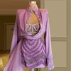 Robes de soirée robe de cocktail perlée de cristal scintillant avec train violet chemisier à manches longues et jupe courte mode célébrité bal