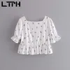 Vintage Floral Womens Tops and Blouses Square Collar Ruches Short Puff Sleeve Dames Casual Shirt Zomer 210427