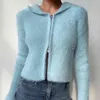 Women Zip Through Rib Fluffy Hooded Knit Cardigan Up Crop Sweater 210512
