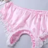 Gay sissy cuecas de virilha aberta masculino com contorno roupa interior macio brilhante cetim babados renda guarnição calcinha masculina crotchless tanga g-string under201u