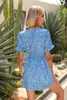 Kurzes Kleid Frauen Sommer Blumendruck Minikleider Lässige Puffärmel V-Ausschnitt Sexy Knopf Urlaubskleid für Frauen Kleidung 210521