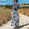 Nadafair Summer Maxi Dresses Women Beach Sash Buttons Chiffon Floral A-Line Tunic Shirt Long Vacation Boho Dress Woman X0521