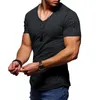 T-shirt da uomo 2022 T-shirt estiva da uomo T-shirt manica corta con scollo a V Fitness Bodybuilding Alta Streetwear Cerniera Top in cotone casual