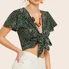 Blouses feminina camisas de verão de bolinhas verdes imprimir nó frontfrop blusa top top week casual v pesco