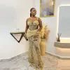 African ASO EBI مثير الذهب الرباط فساتين السهرة مع الهلال الرقبة الوهم طويل الأكمام زائد حجم الخرز يزين مساء فساتين رسمية 5S4