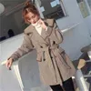 Coréen pied de poule laine longs manteaux vestes femmes automne hiver manches double boutonnage ceinturé élégant dames 210513