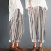 Plus Rozmiar Bawełniany Pościel Spodnie Kobiety Lato Luźne Harem Wysokiej Talii Stripe Pocket Spodnie Casual Pantalon Kobiet Spodnie dresowe Spoderem 211008