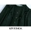 Moda damska z metalowymi przyciskami Wydrukowano Ruffle Mini Dress Vintage wysokiej szyi z długim rękawem Kobiece sukienki Mujer 210416