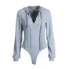 Women's Jumpsuits & Rompers V-neck Sexy Sport Bodysuit Women High Street Long Sleeve Hoodie Grey With Hat