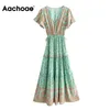Printed Long Maxi Dresses Women Summer V Neck Boho Beach Female Ruffles Short Sleeve A Line Holiday Casual Dress 210413