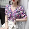 Çiçek Şifon Bluzlar Kadın Puf Kol Yaz V Yaka Kısa Kollu Üst Moda Varış Kore Tarzı Bayanlar Tops 210521