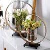 Nordic Modern Metal Vase Flower Glass Candlestick Restaurant Desktop Gold Luxury Vases Decoration Household Living Room Gift 211103