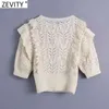 Women Sweet Lace Crochet Patchwork Hollow Out Short Knitting Sweater Female Chic O Neck Ruffles Slim Pullovers Tops SW711 210420